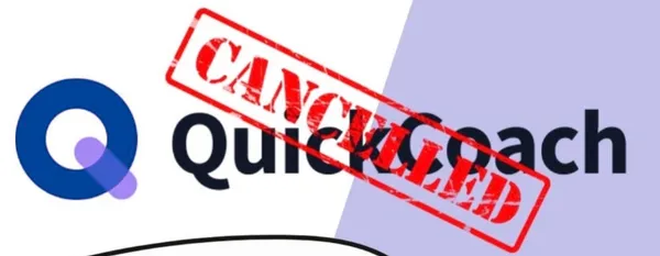 QuickCoach logo with cancelled stamp showing the platform shutdown