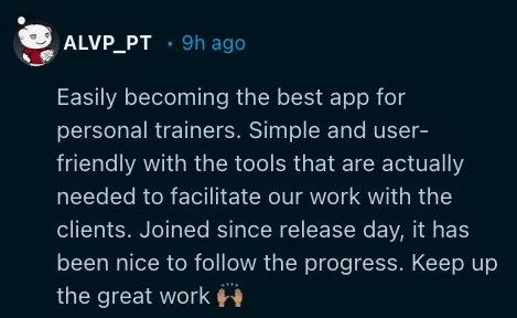 Personal trainer review of FitPros.io free coaching software, testimonial 1