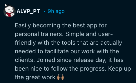 Personal trainer review of FitPros.io free coaching software, testimonial 1