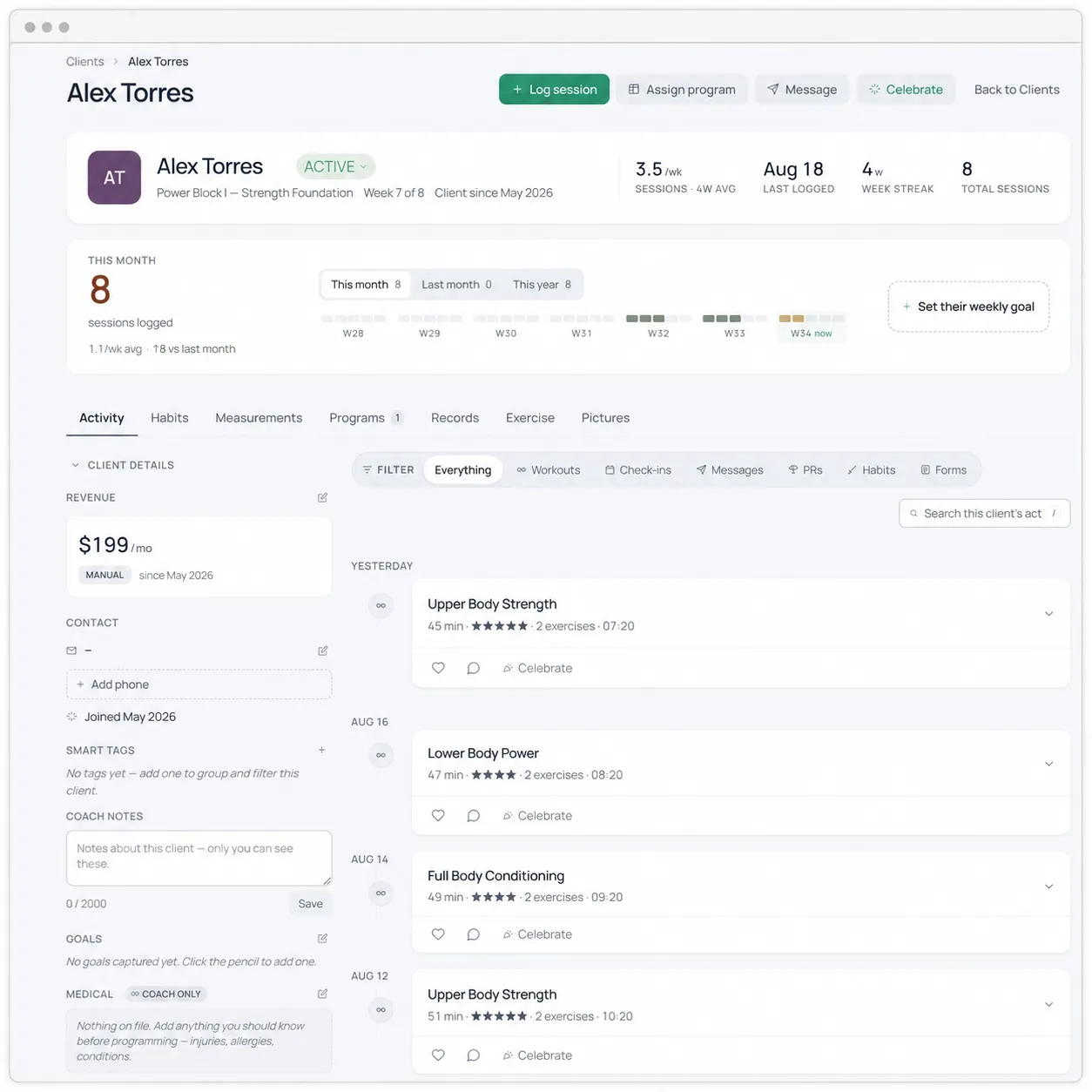 Light-mode FitPros.io client profile for fictional client Alex Torres, showing the profile summary, weekly consistency, expanded Client Details, and a recent workout feed