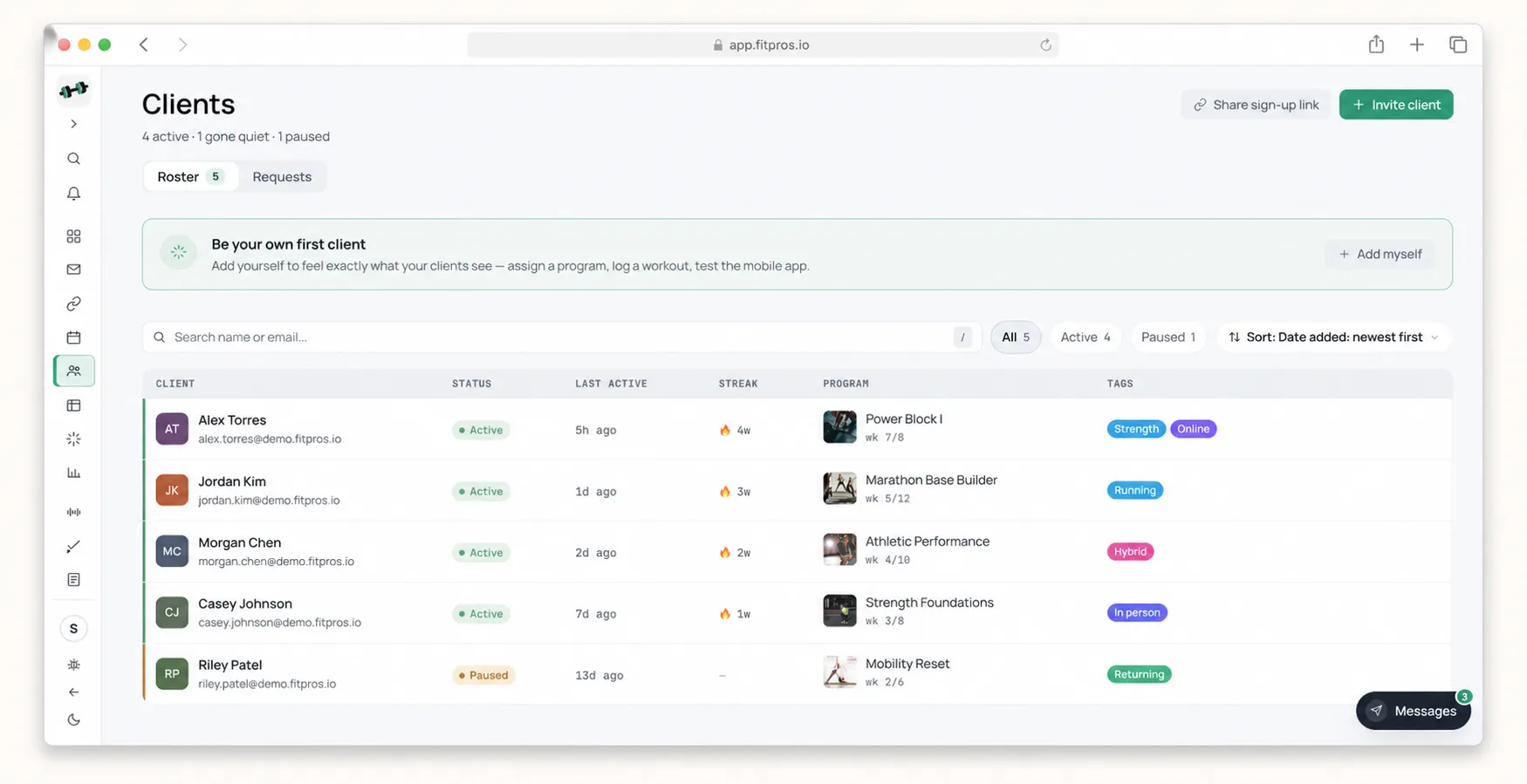 Light-mode FitPros.io clients overview showing five fictional clients, readable program covers, recent activity, streaks, client tags, and a mix of active and paused plans