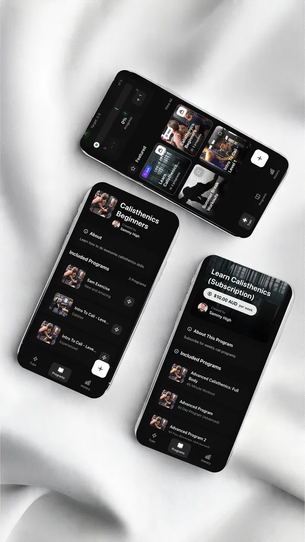 Featured workout program packages showing pricing and subscription options for personal trainers selling fitness programs online