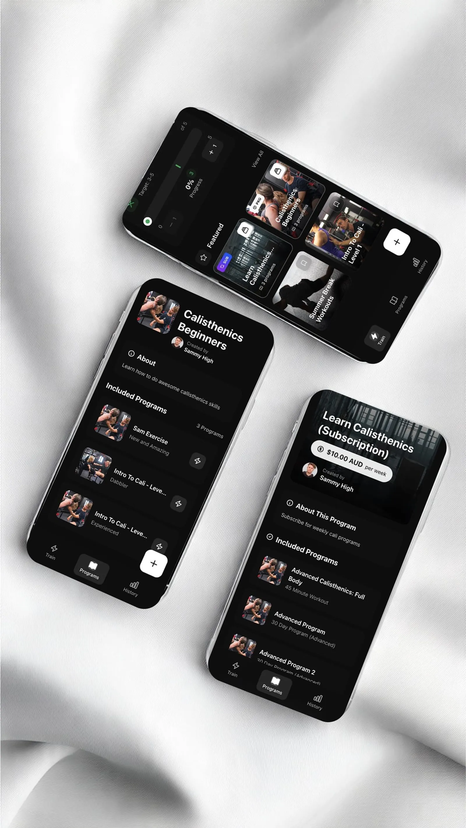 Featured workout program packages showing pricing and subscription options for personal trainers selling fitness programs online