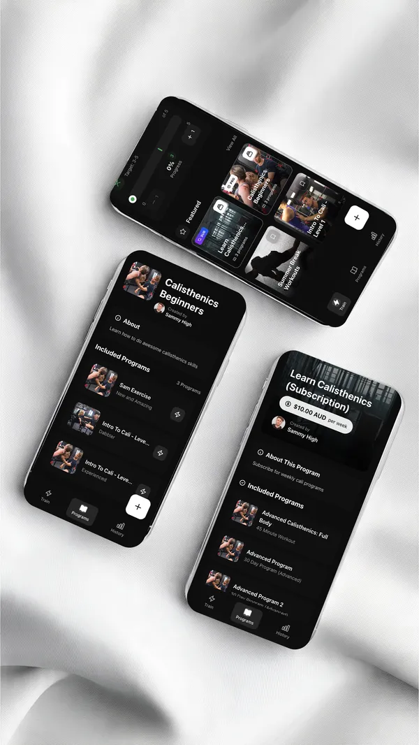 Featured workout program packages showing pricing and subscription options for personal trainers selling fitness programs online