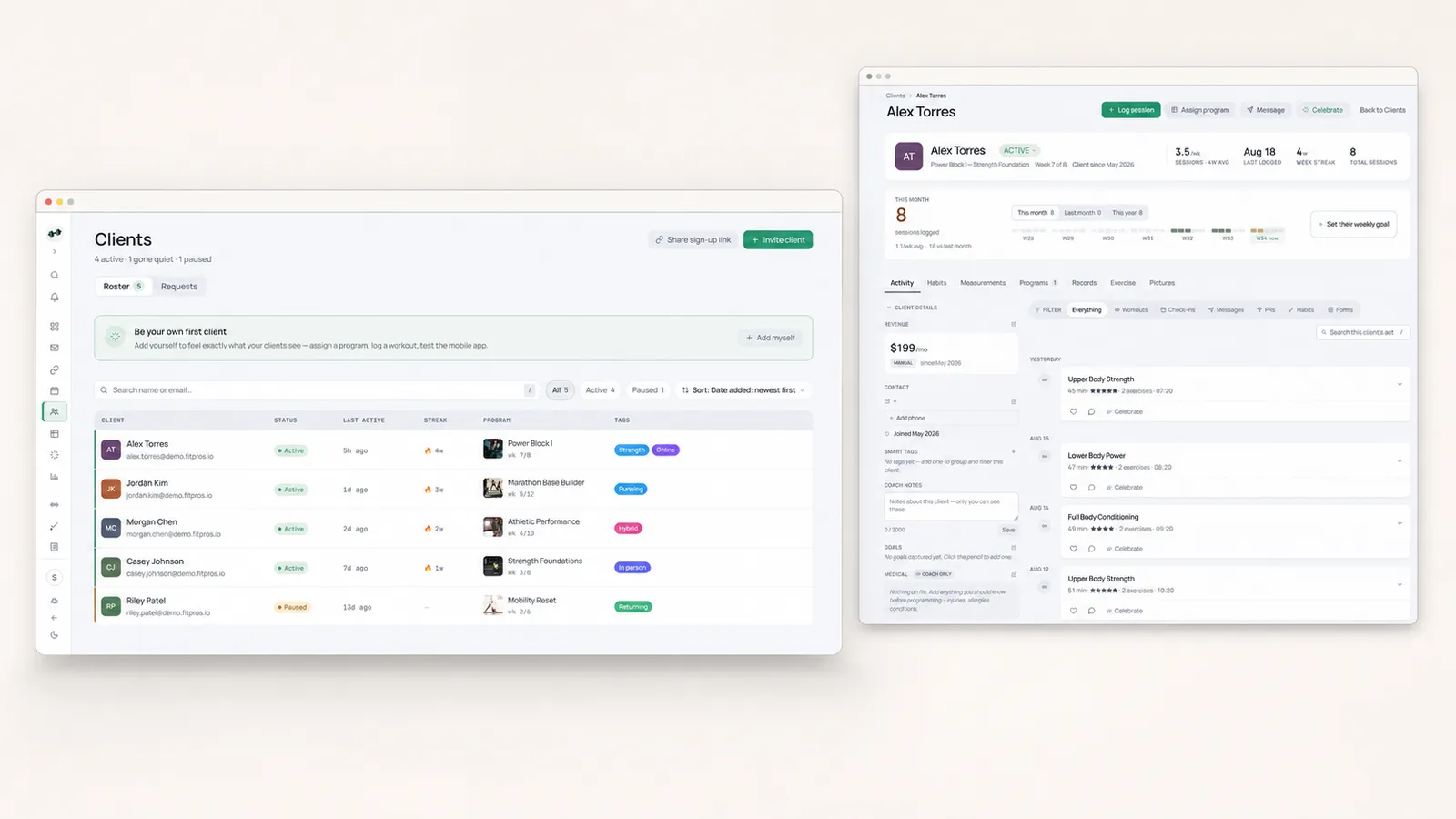 Stylized light-mode FitPros.io dashboard preview showing separate clients-overview and client-profile surfaces on a warm off-white background