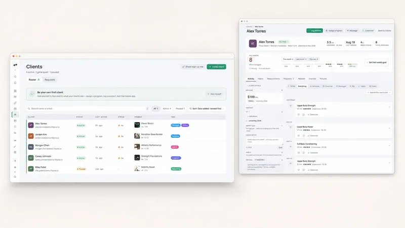 Stylized light-mode FitPros.io dashboard preview showing separate clients-overview and client-profile surfaces on a warm off-white background
