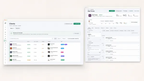Stylized light-mode FitPros.io dashboard preview showing separate clients-overview and client-profile surfaces on a warm off-white background