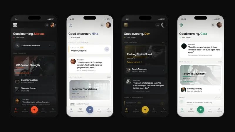 Four phones side by side, each running the FitPros.io mobile app branded for a different coaching business, each showing a different client's home screen