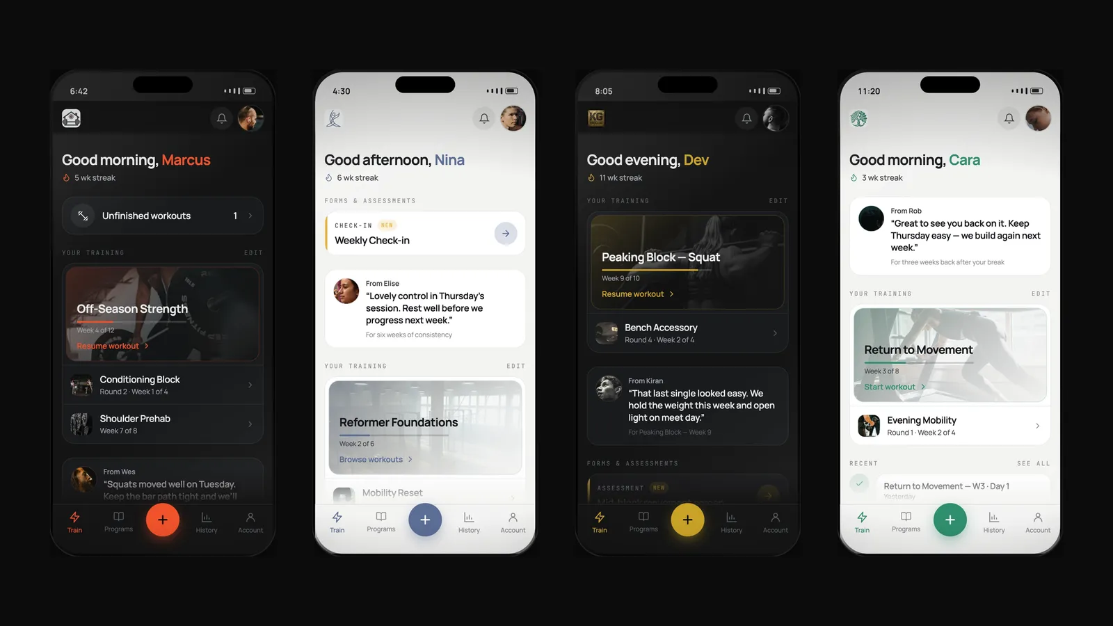 Four phones side by side, each running the FitPros.io mobile app branded for a different coaching business, each showing a different client's home screen