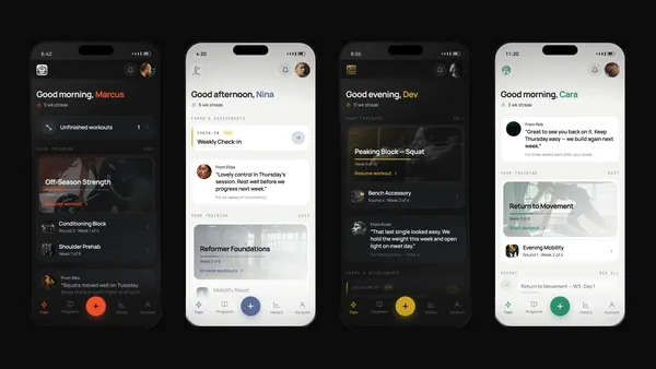 Four phones side by side, each running the FitPros.io mobile app branded for a different coaching business, each showing a different client's home screen