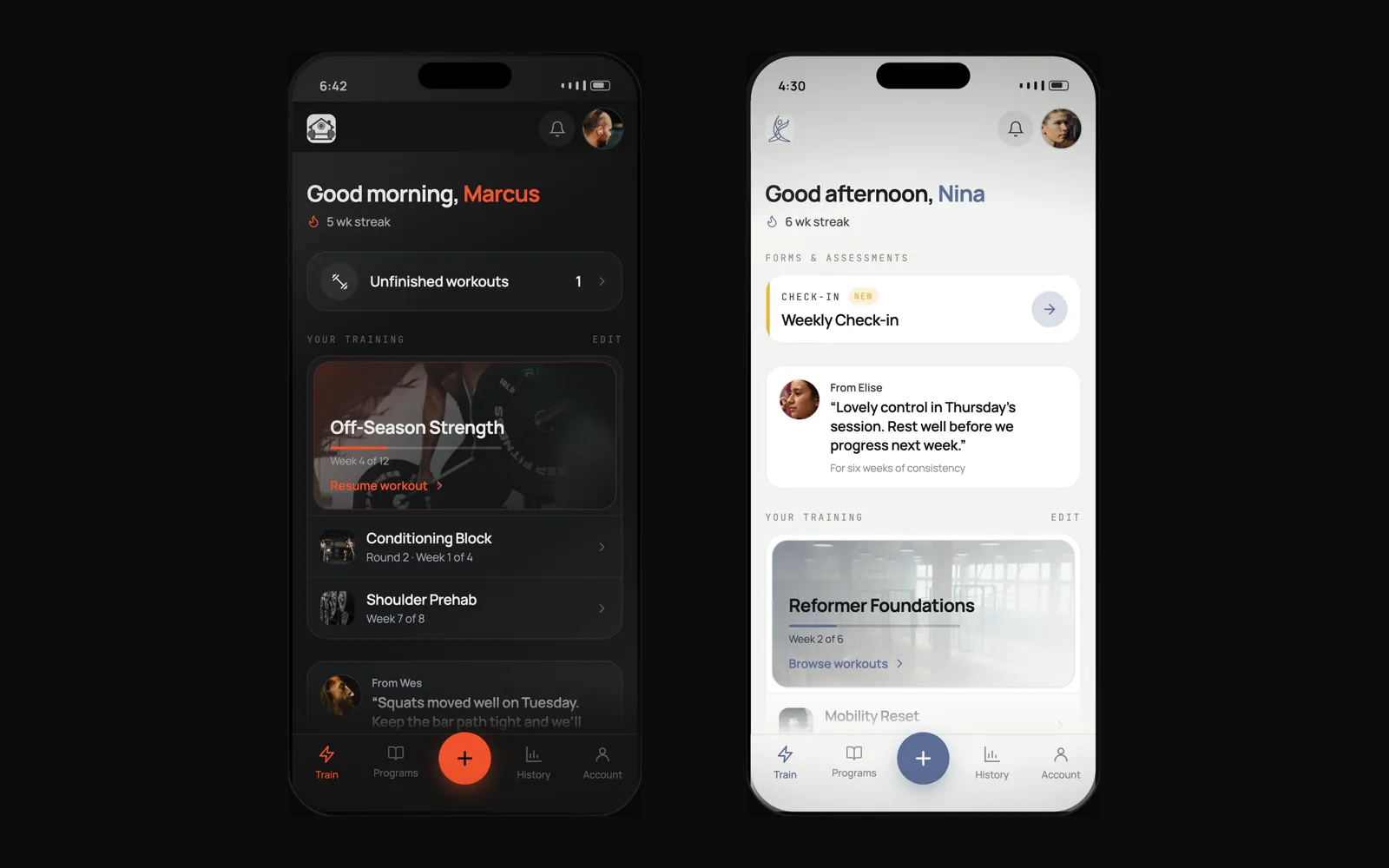 The same FitPros.io app in two different coaching brands, one dark and one light, each showing a different client's home screen