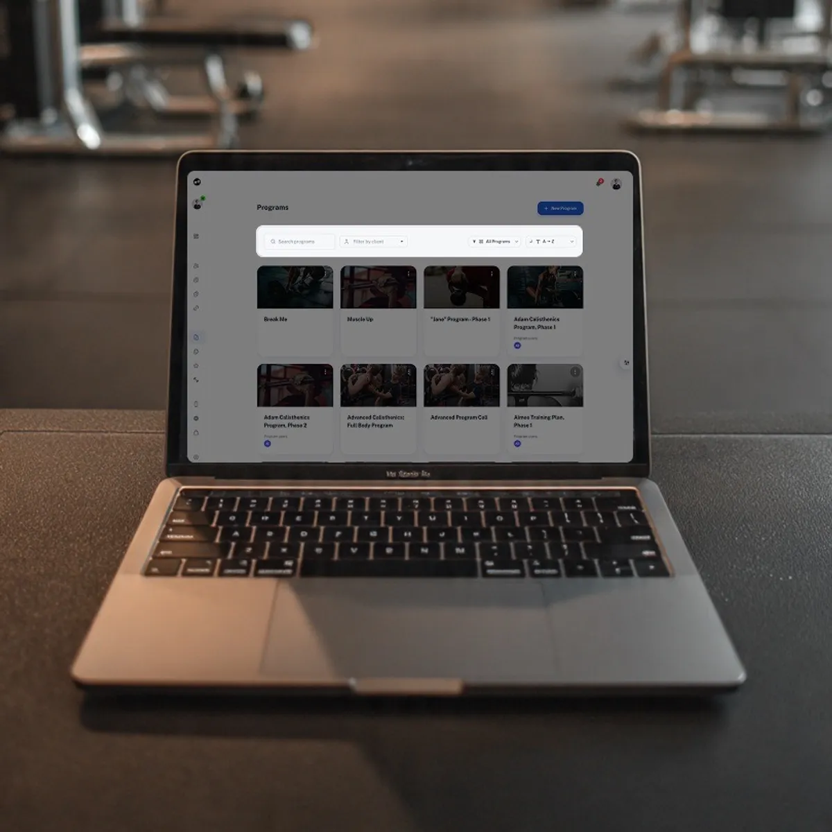 Workout program search and filter interface showing fast search results for personal trainers